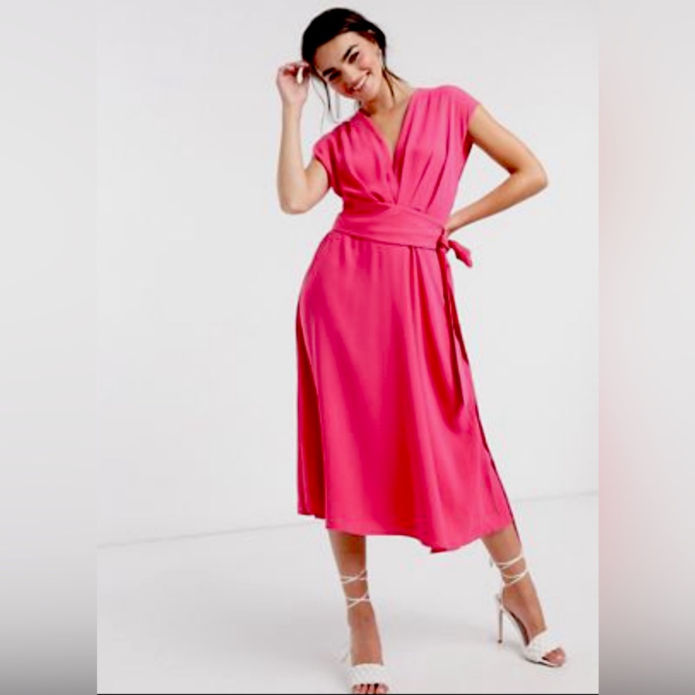 ASOS Design sleeveless pleat front midi skater dress with obi belt in hot pink.